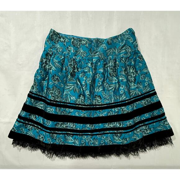Nanette Lepore Skirt Teal Blue w/ Gold Thread Floral Skirt Size 4 - Picture 6 of 8
